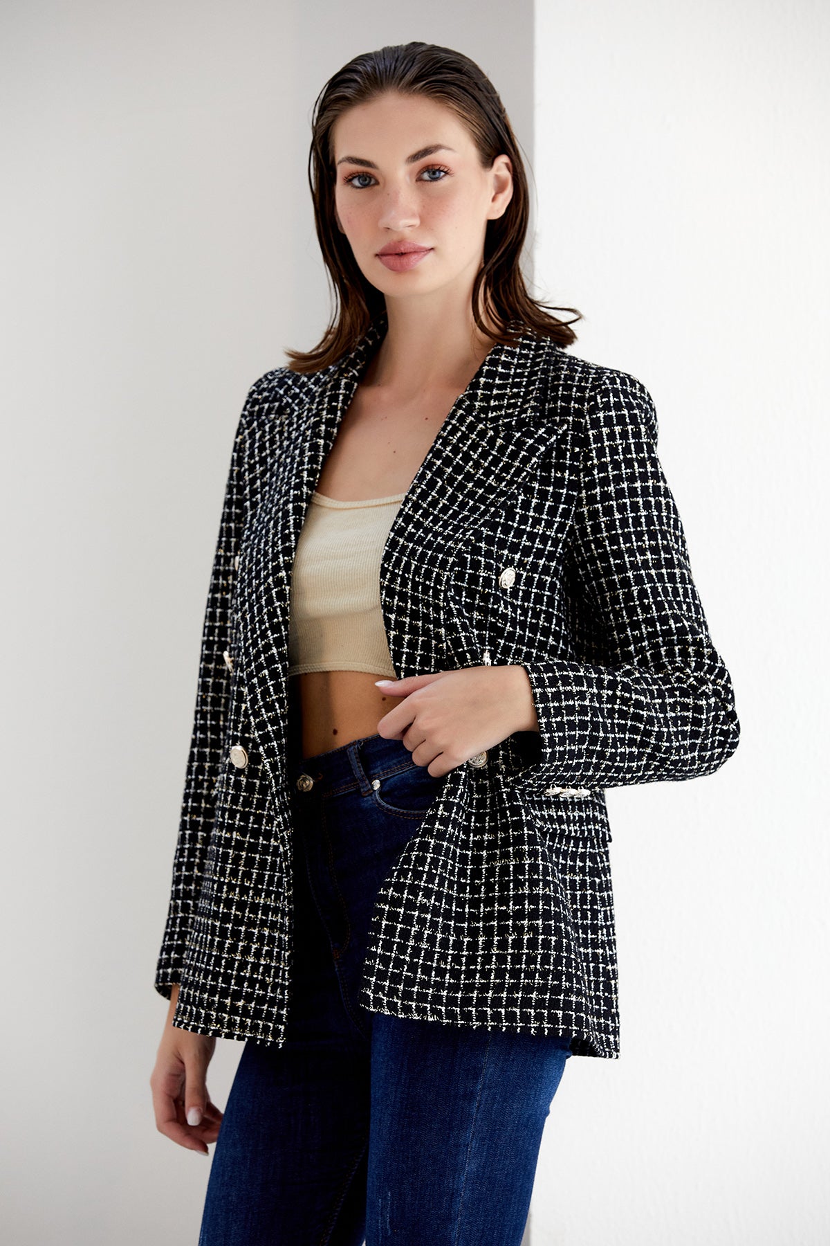 NANZ black/white check tweed double breasted blazer 68700-blk/