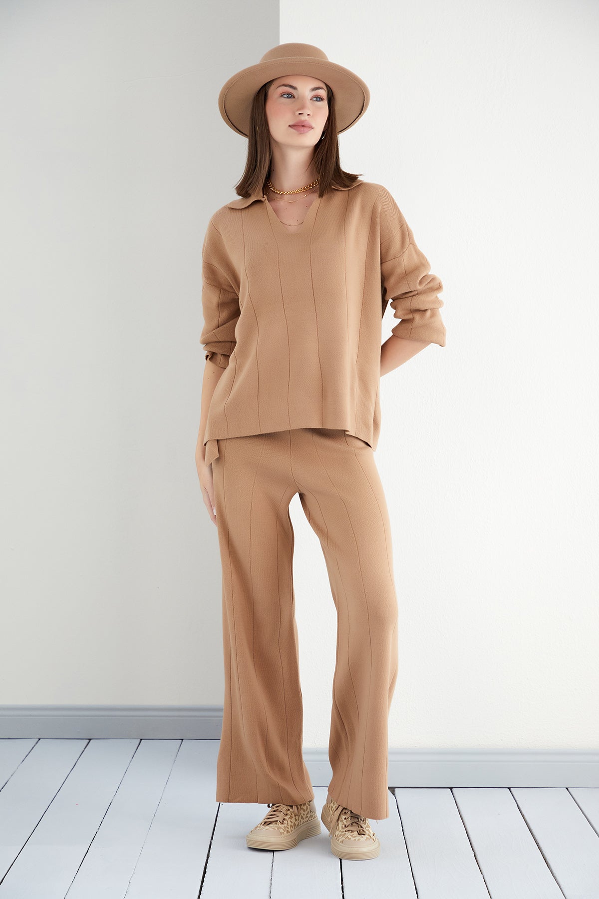 NANZ Co Ord Set With Oversize Jumper And Wide Leg Trousers In Camel Colour.
