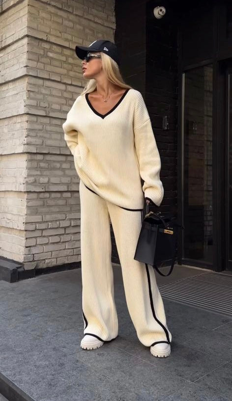 NANZ Viva oversize knitted co ord set with edge line in beige