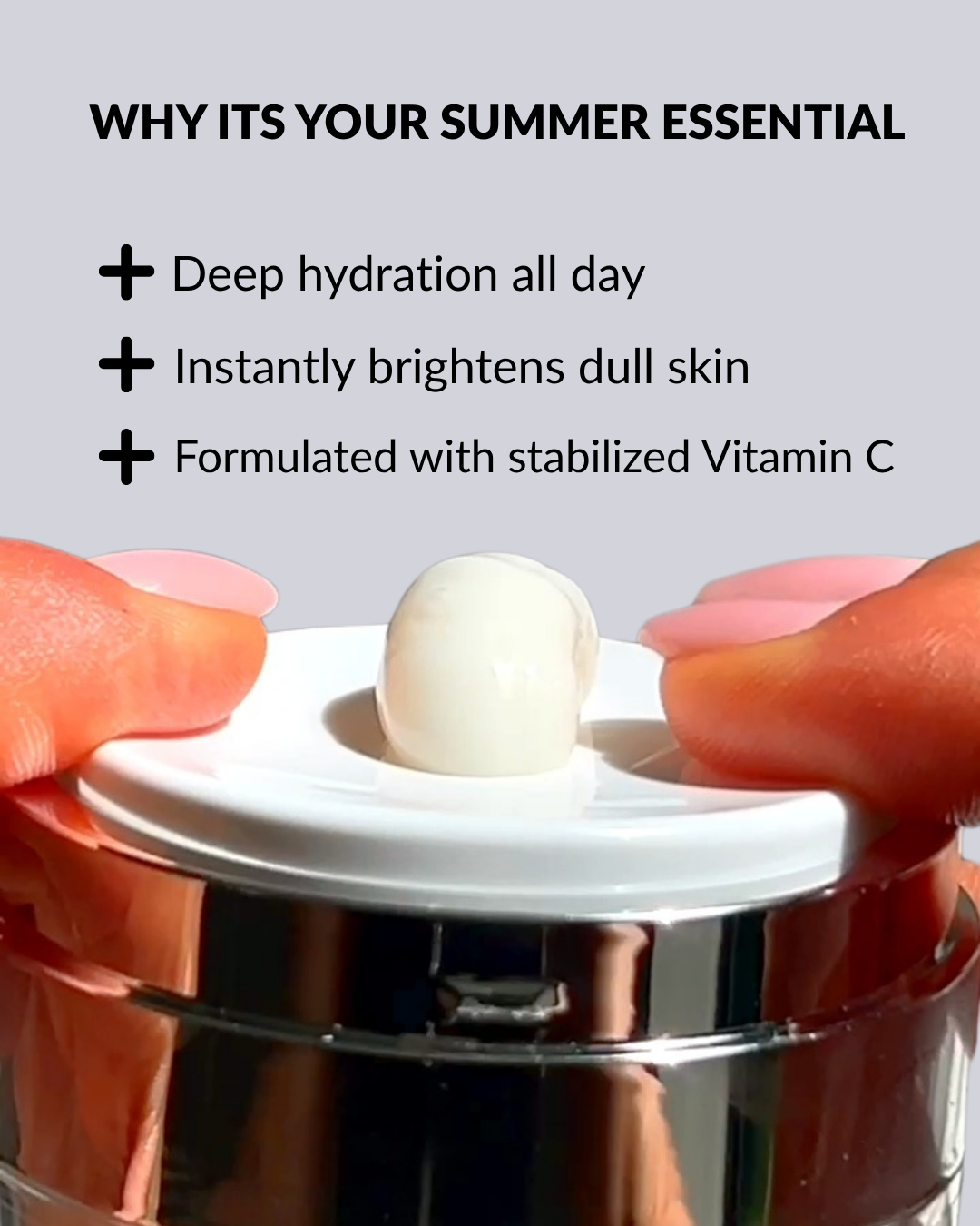 Skincare product with text highlighting its summer essential benefits on a gray background