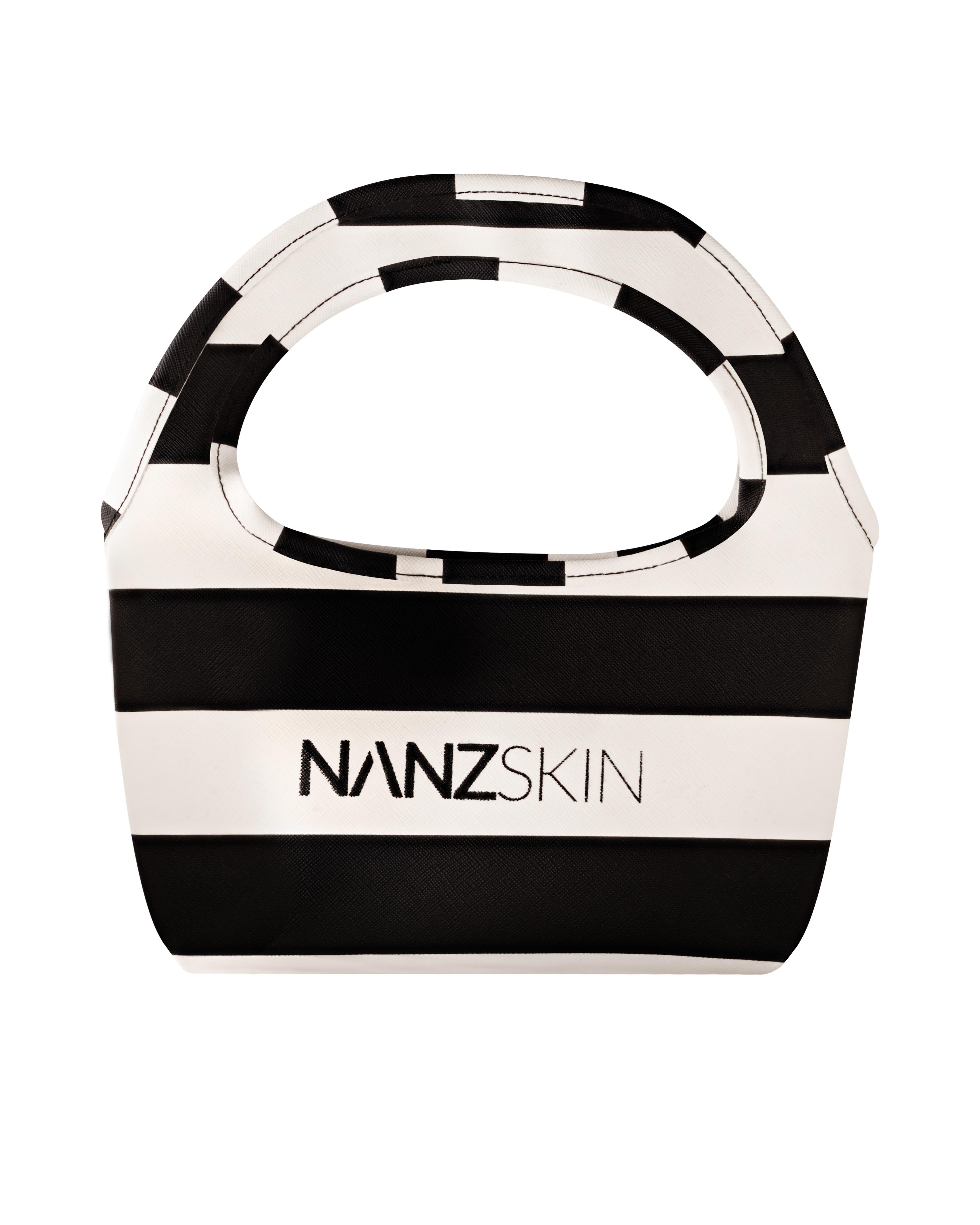 Black and white striped handbag with 'NANZSKIN' branding on a white background