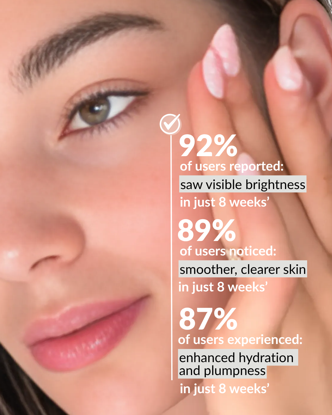 Woman applying c bright pro glow toner serum skincare product with text on skin benefits