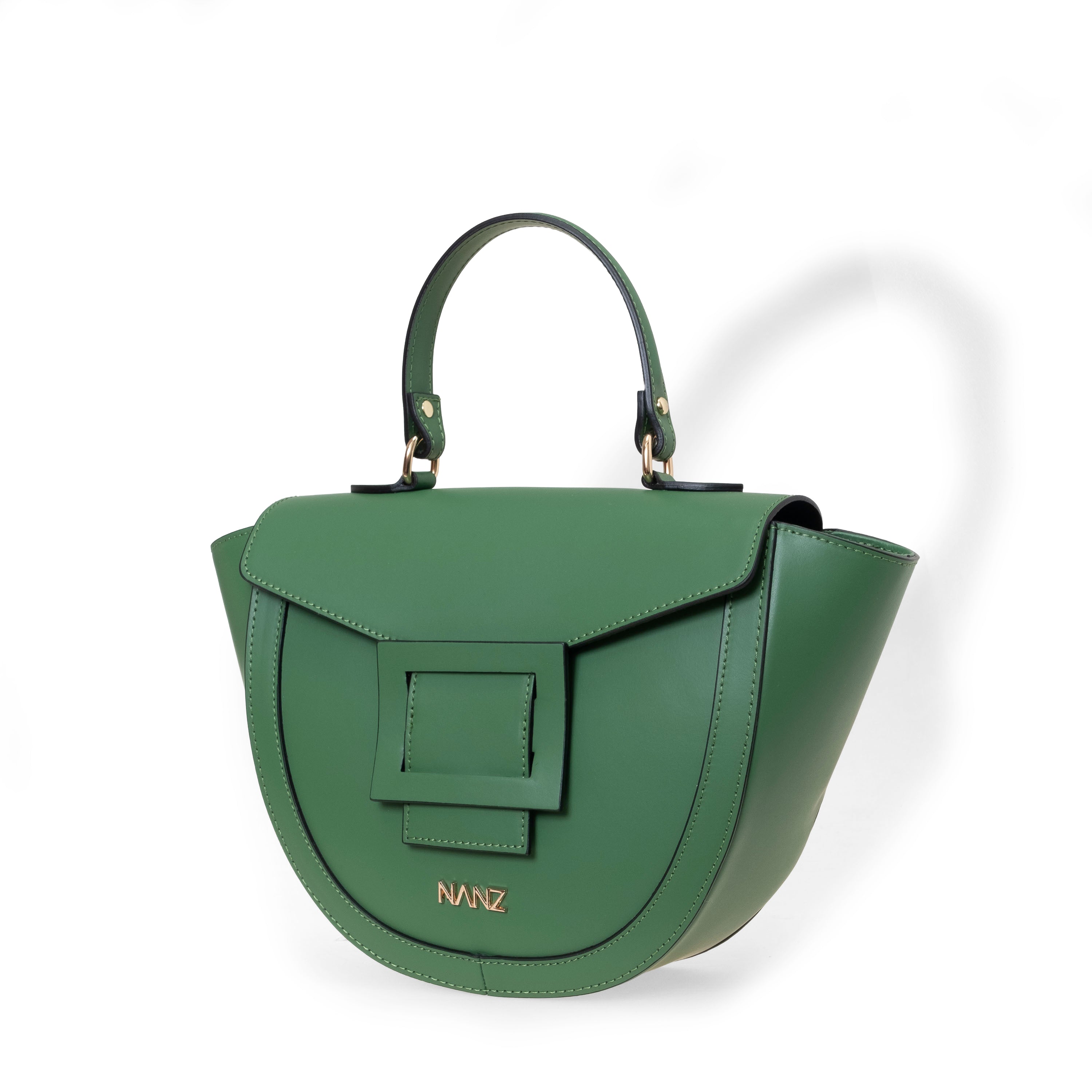 A green NANZ Lucella Sculpture handbag with a structured design and a shiny finish, featuring a brand logo, a metallic clasp, and a shoulder strap.