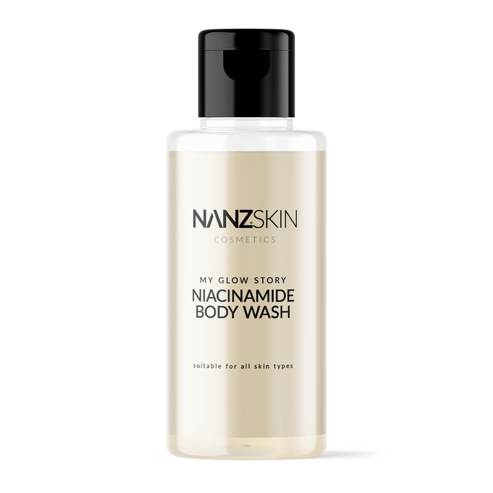 A bottle of NANZSKIN Niacinamide Body Wash with a white and gold label, indicating it is intended for all skin types.