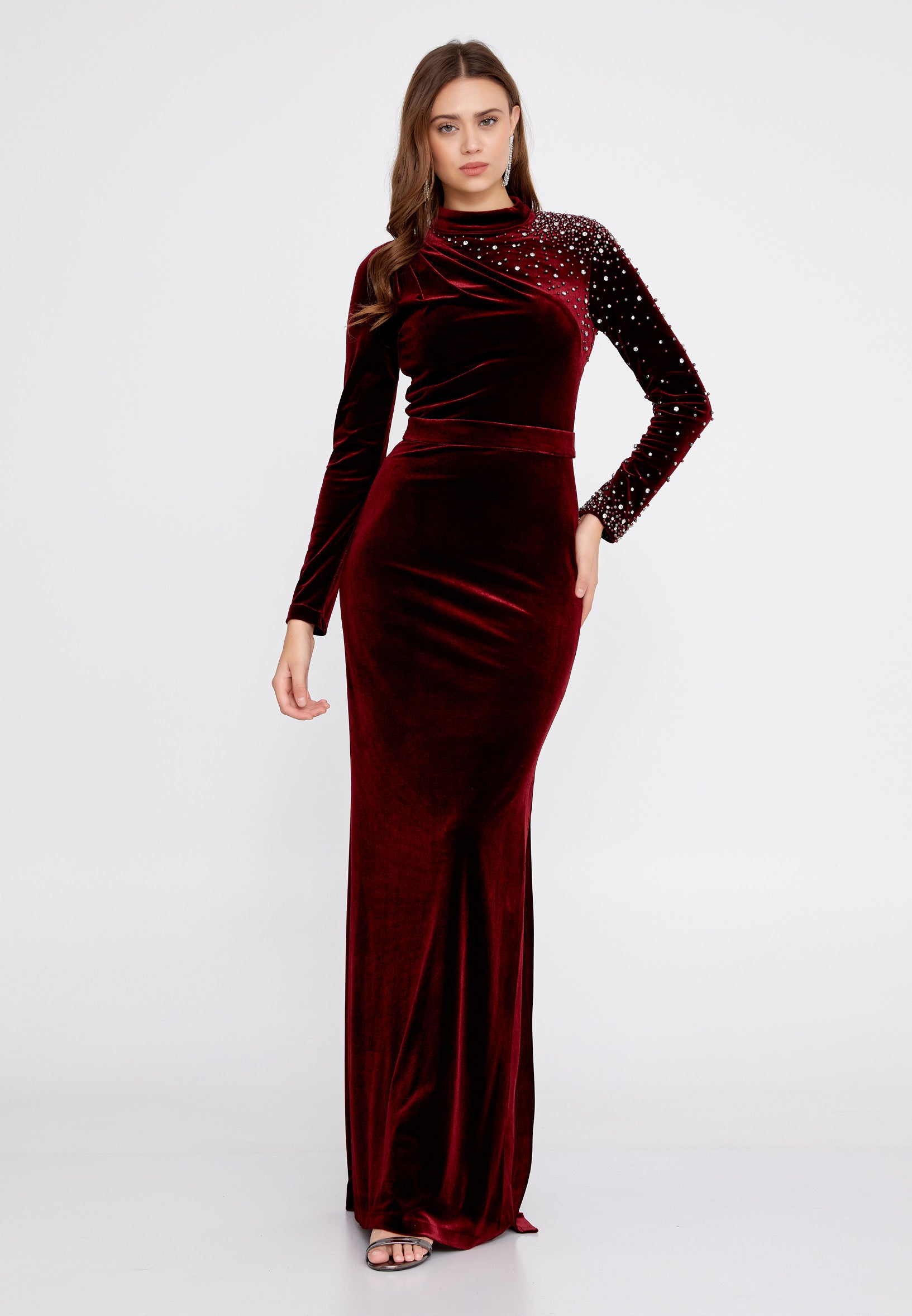 NANZ Nathalie long sleeve maxi velvet column regular burgundy evening dress.