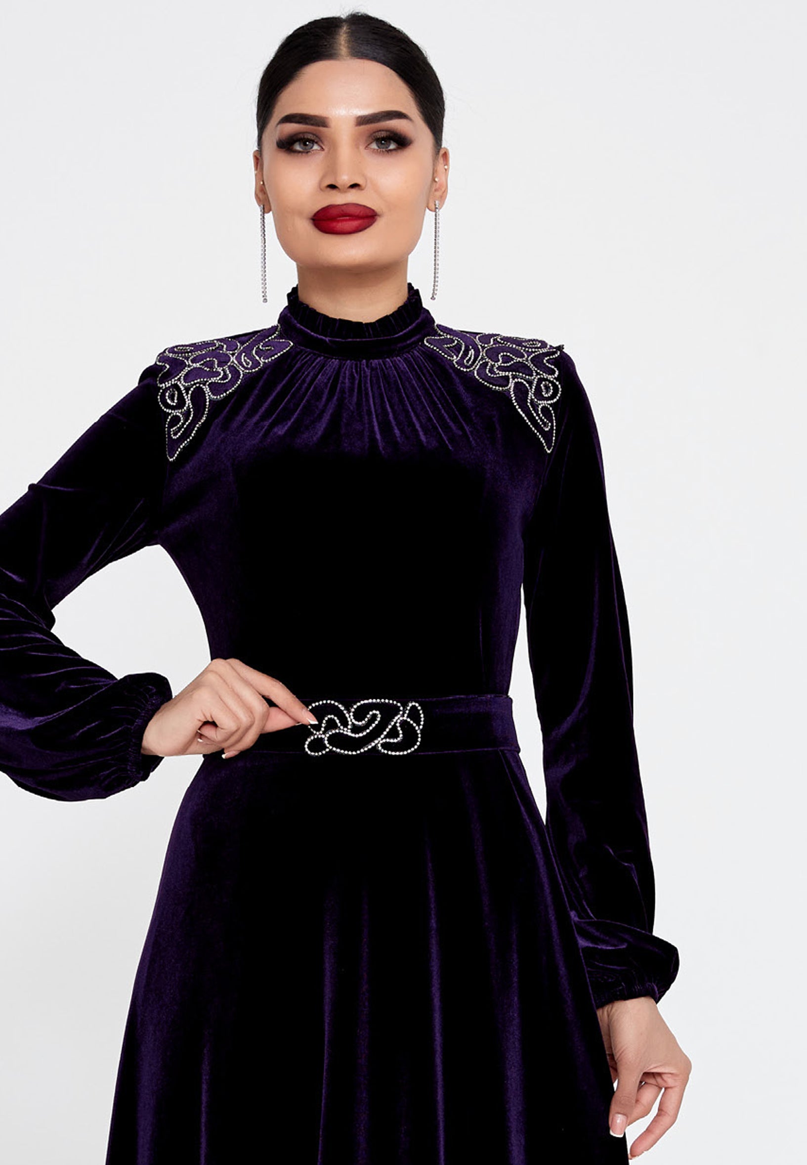 NANZ long sleeve maxi velvet column regular purple evening dress