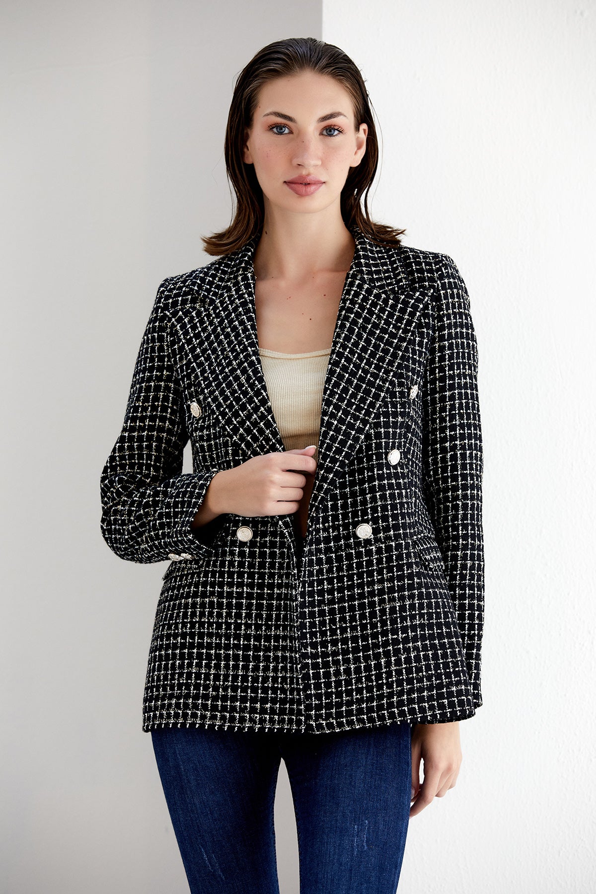 NANZ black/white check tweed double breasted blazer 68700-blk/