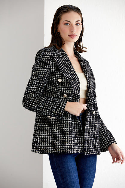 NANZ black/white check tweed double breasted blazer 68700-blk/