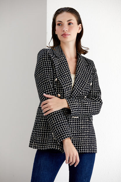 NANZ black/white check tweed double breasted blazer 68700-blk/