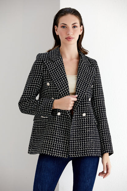 NANZ black/white check tweed double breasted blazer 68700-blk/