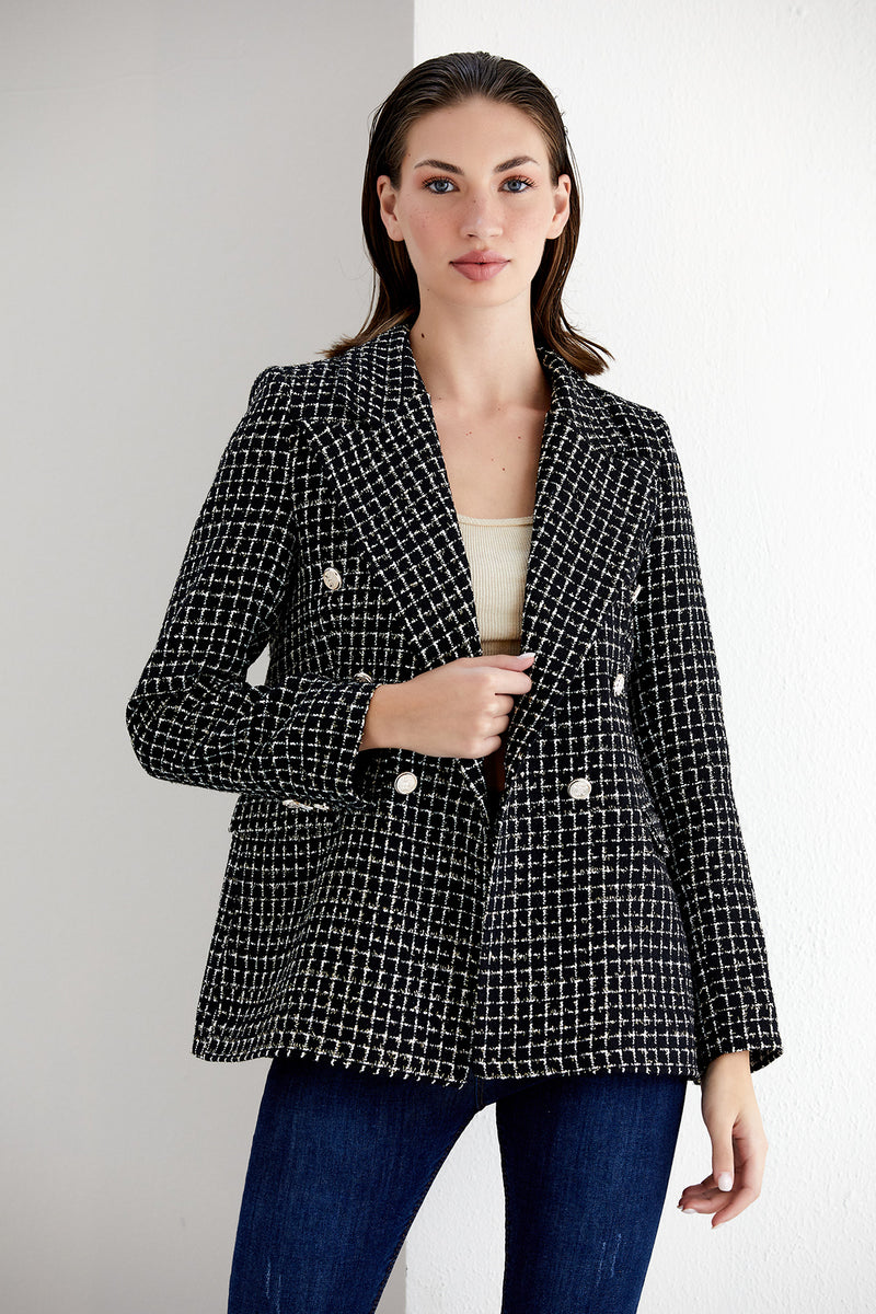BLACK/WHITE CHECK TWEED DOUBLE BREASTED BLAZER 68700-Blk/