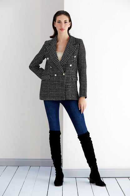 NANZ black/white check tweed double breasted blazer 68700-blk/