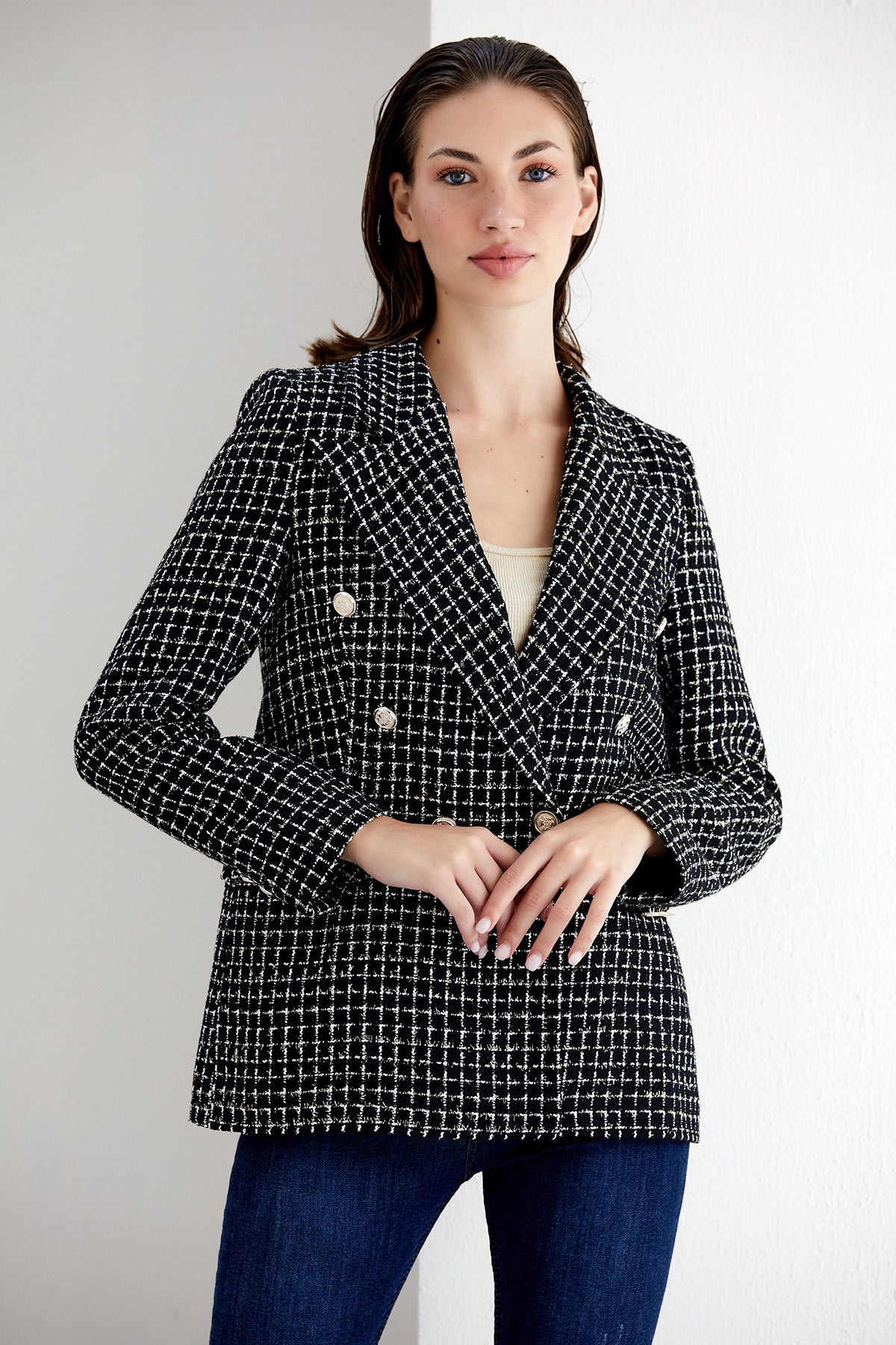 NANZ black/white check tweed double breasted blazer 68700-blk/