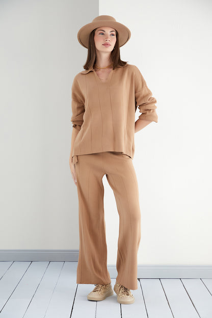 NANZ co ord set with oversize jumper and wide leg trousers in camel colour.