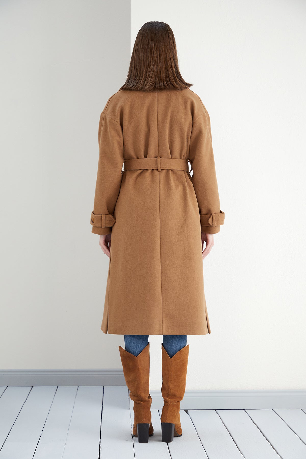 NANZ wrap trench style midi wool coat in camel brown colour