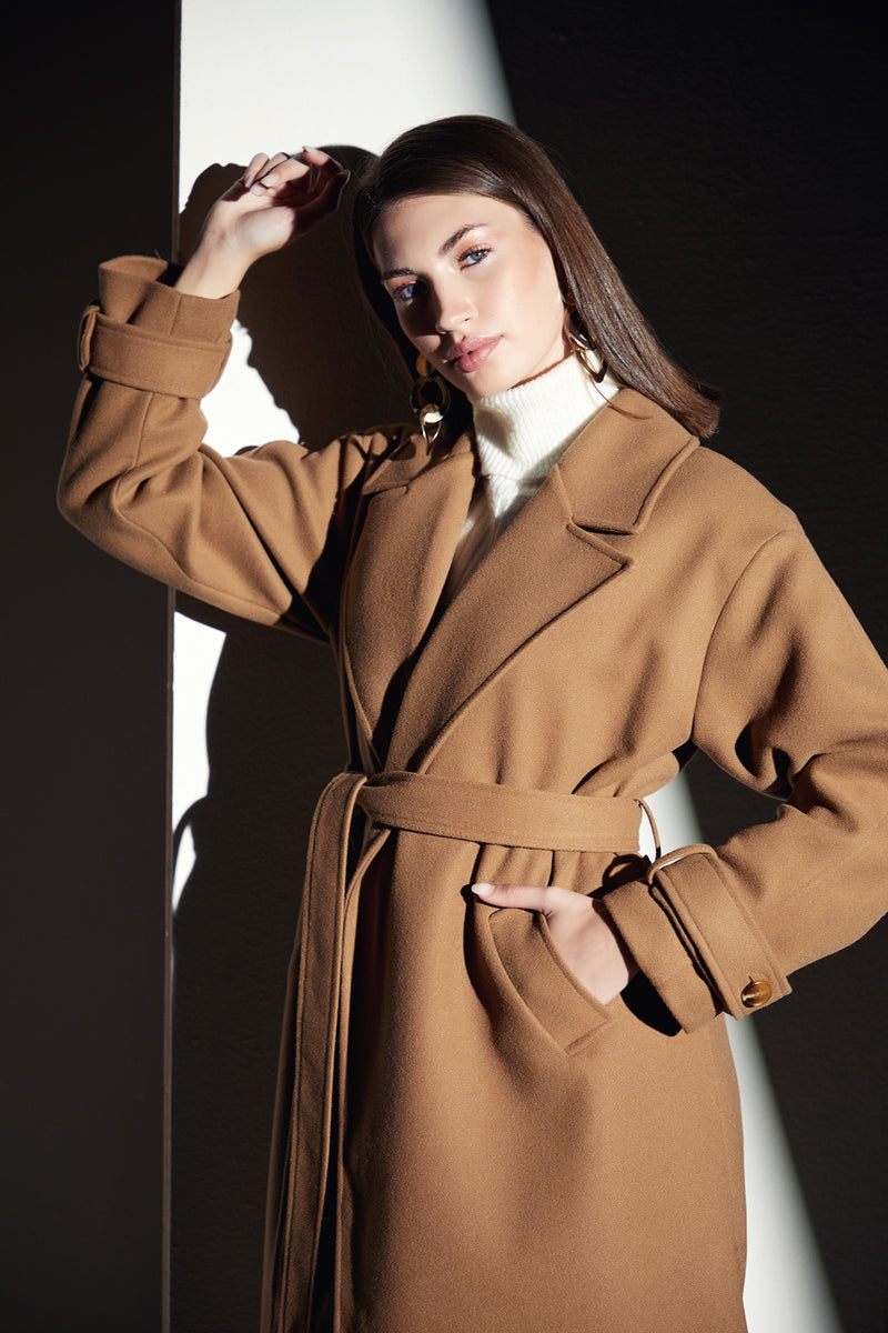 WRAP TRENCH STYLE MIDI WOOL COAT IN CAMEL BROWN COLOUR
