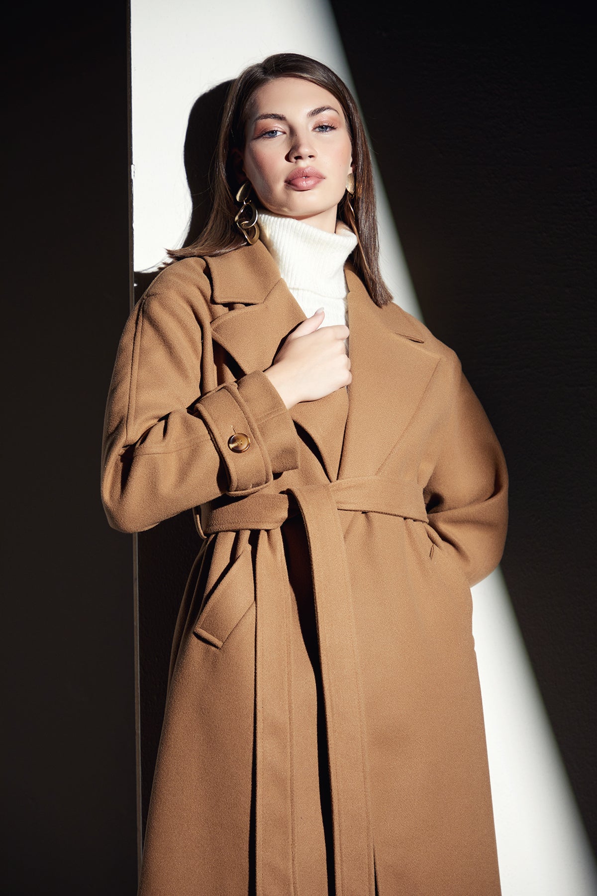 NANZ wrap trench style midi wool coat in camel brown colour