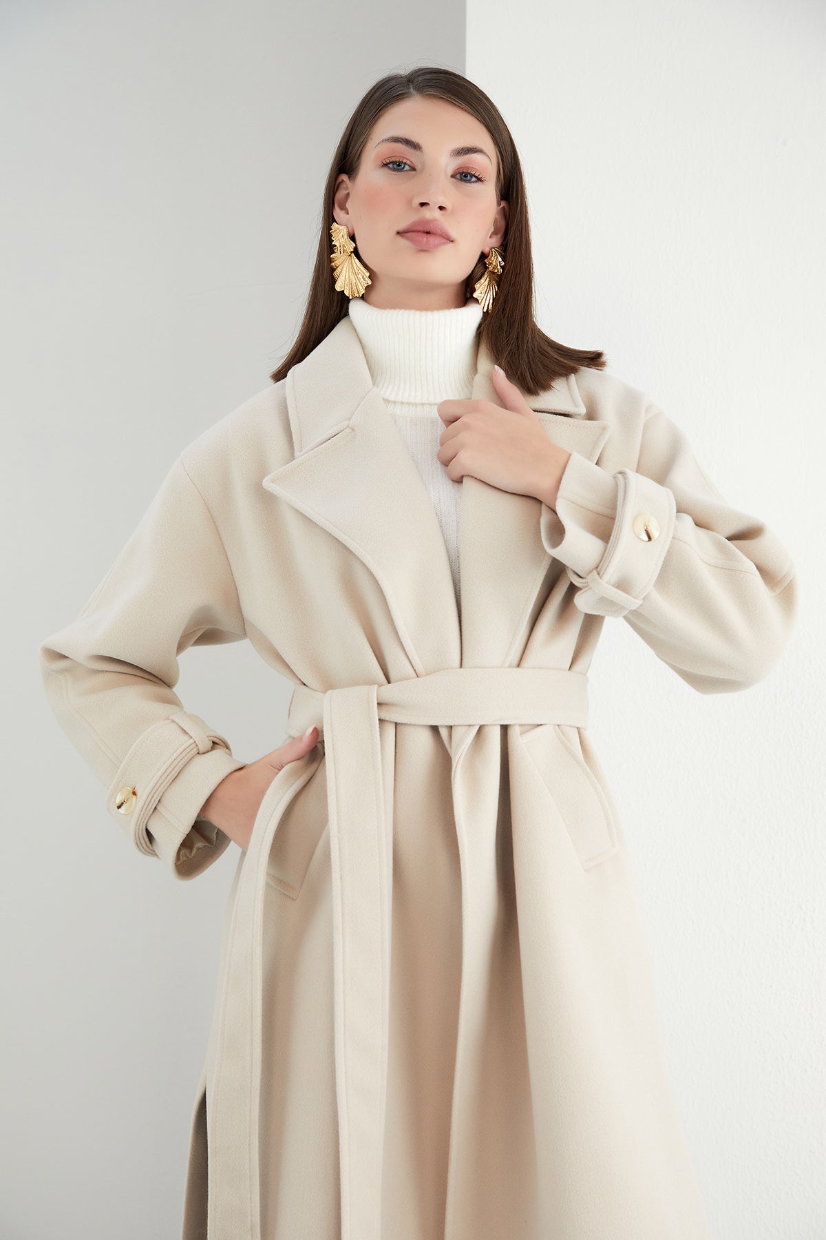 NANZ wrap trench style midi wool coat in camel white colour