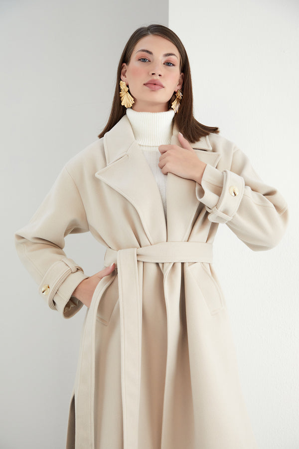 WRAP TRENCH STYLE MIDI WOOL COAT IN CAMEL WHITE COLOUR - Wollen Midi Jas in Camel Witte Trenchcoat Stijl