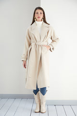 WRAP TRENCH STYLE MIDI WOOL COAT IN CAMEL WHITE COLOUR