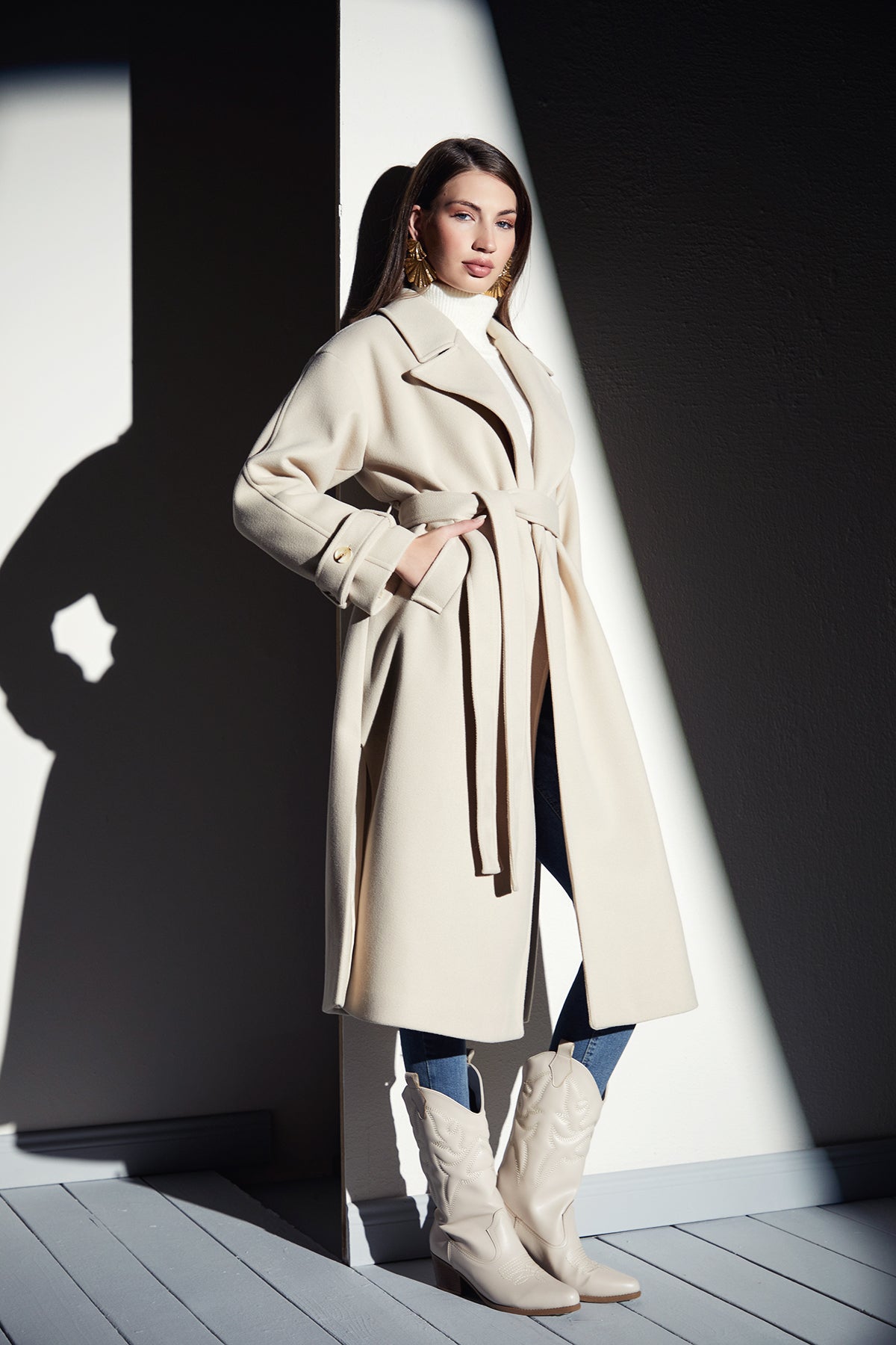 NANZ wrap trench style midi wool coat in camel white colour