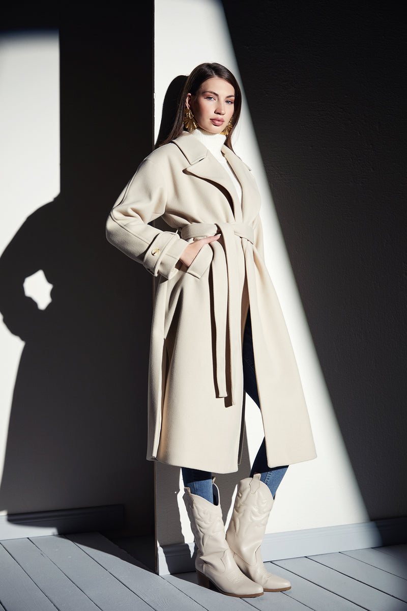 WRAP TRENCH STYLE MIDI WOOL COAT IN CAMEL WHITE COLOUR - Wollen Midi Jas in Camel Witte Trenchcoat Stijl