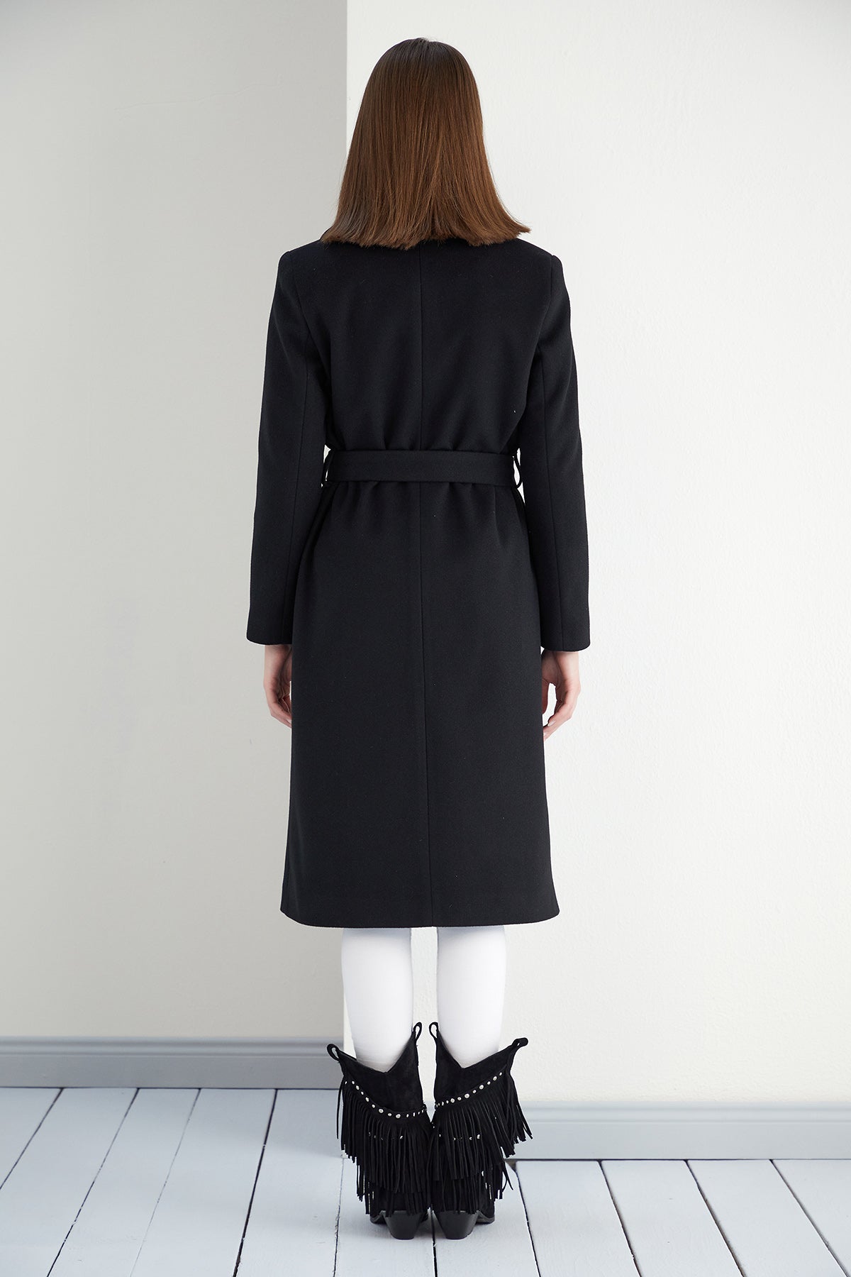 WIDE COLLAR WRAP MIDI COAT IN BLACK - Wollen Jas  in Zwart