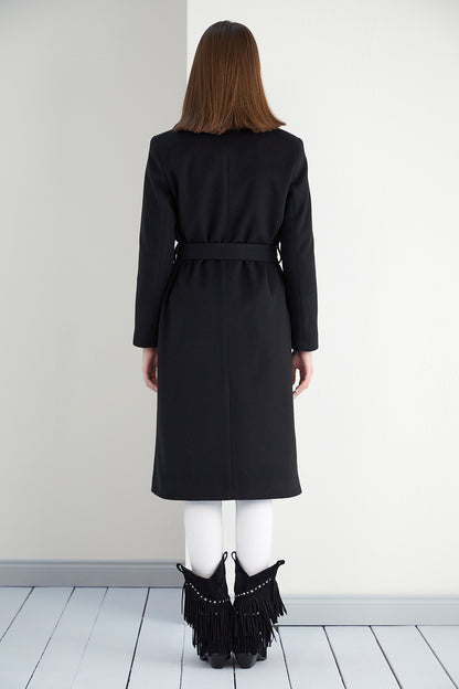 NANZ wide collar wrap midi coat in black