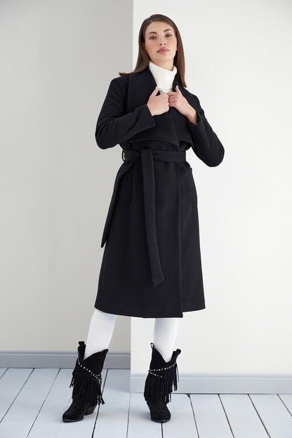 NANZ wide collar wrap midi coat in black