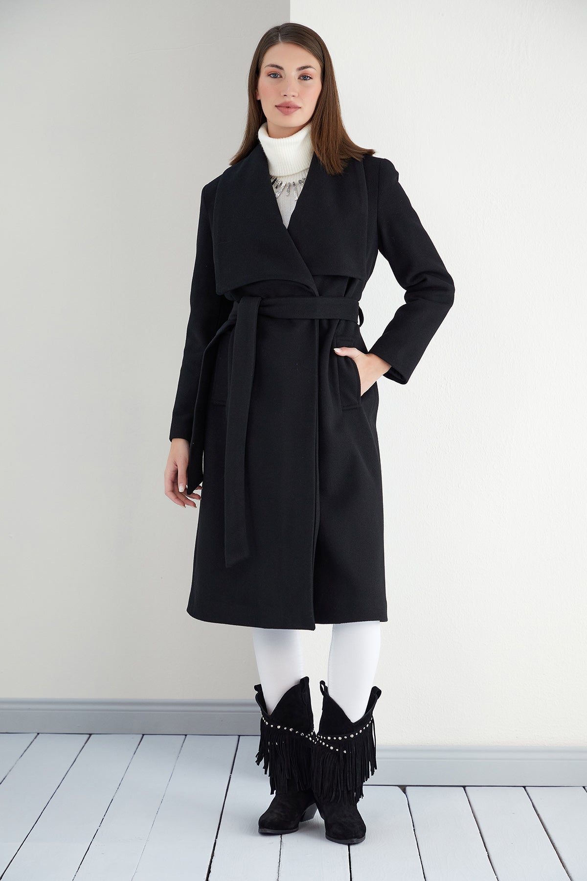 NANZ wide collar wrap midi coat in black