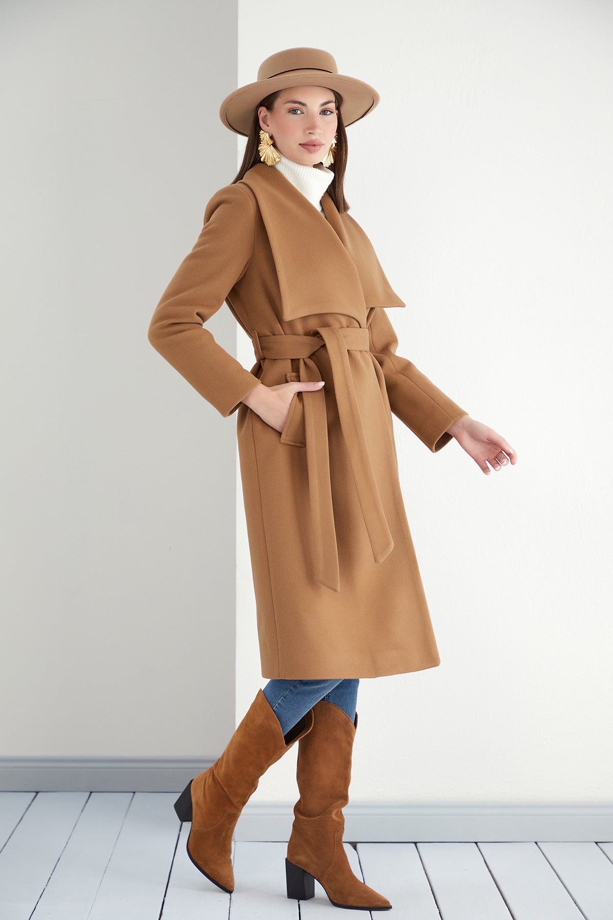 NANZ wide collar wrap midi coat in camel