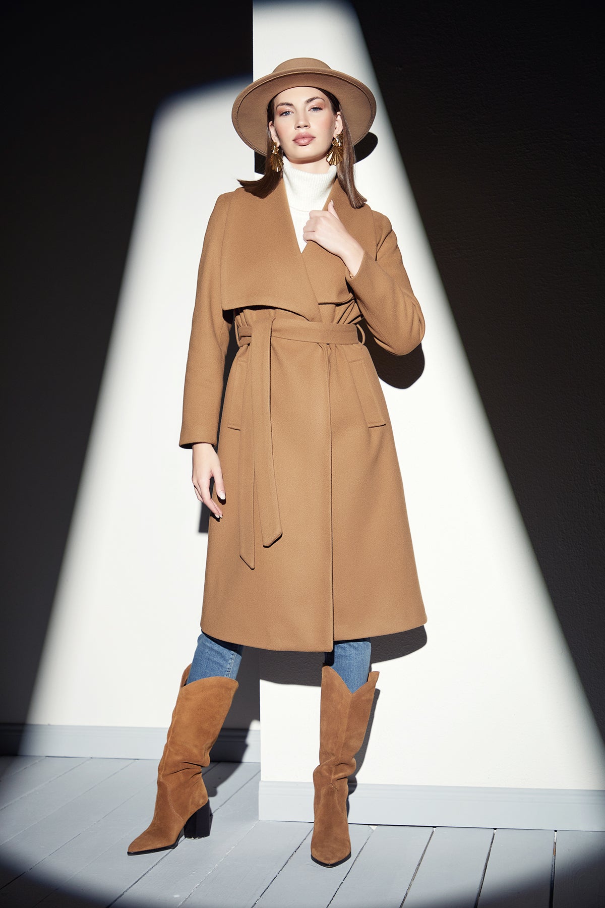 NANZ wide collar wrap midi coat in camel