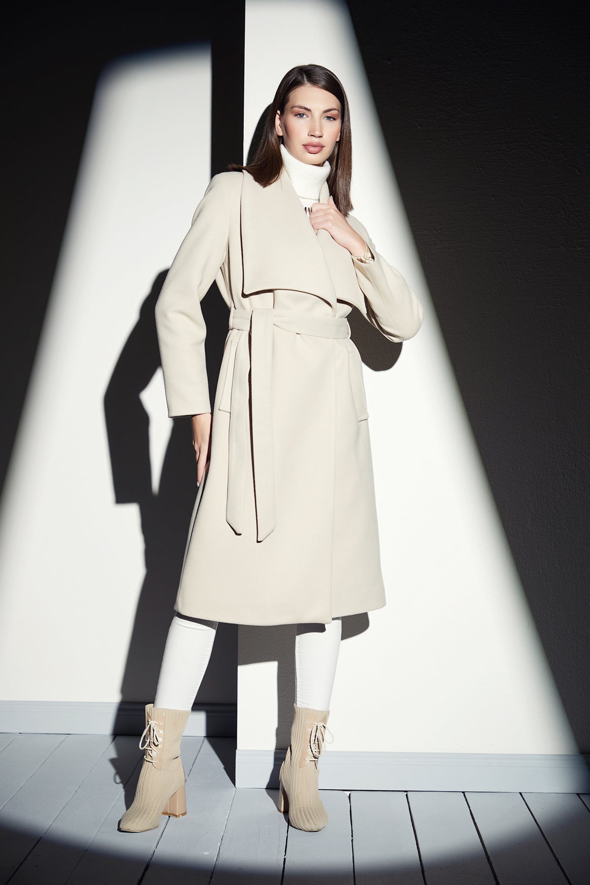 NANZ wide collar wrap midi coat