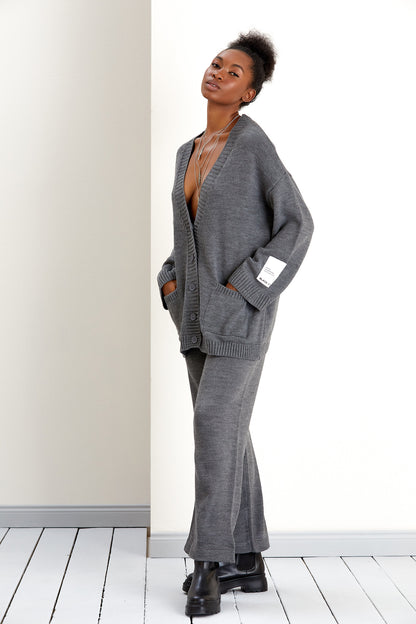 NANZ oversize knitted cardigan and wide trousers co ord set in grey