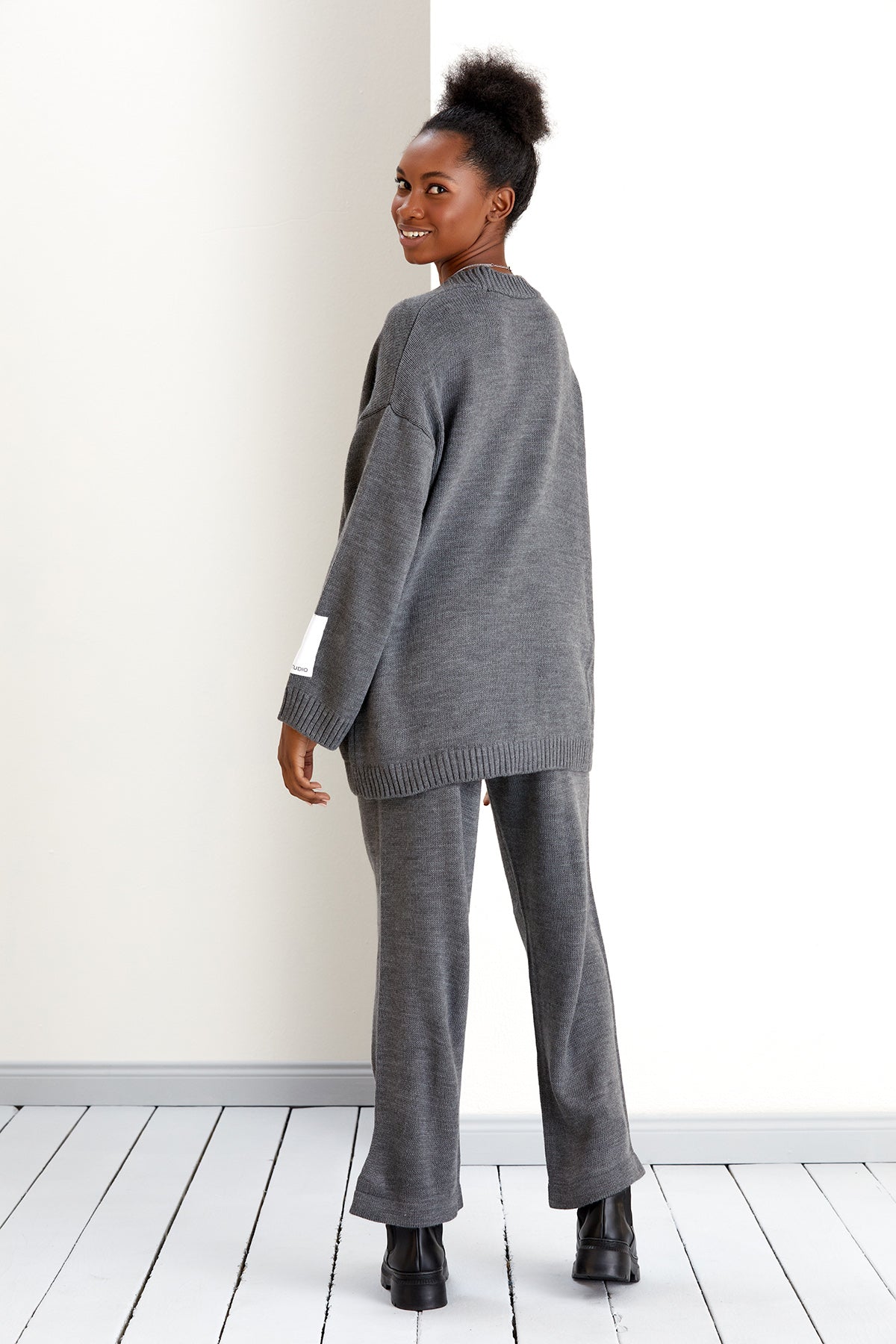 NANZ oversize knitted cardigan and wide trousers co ord set in grey