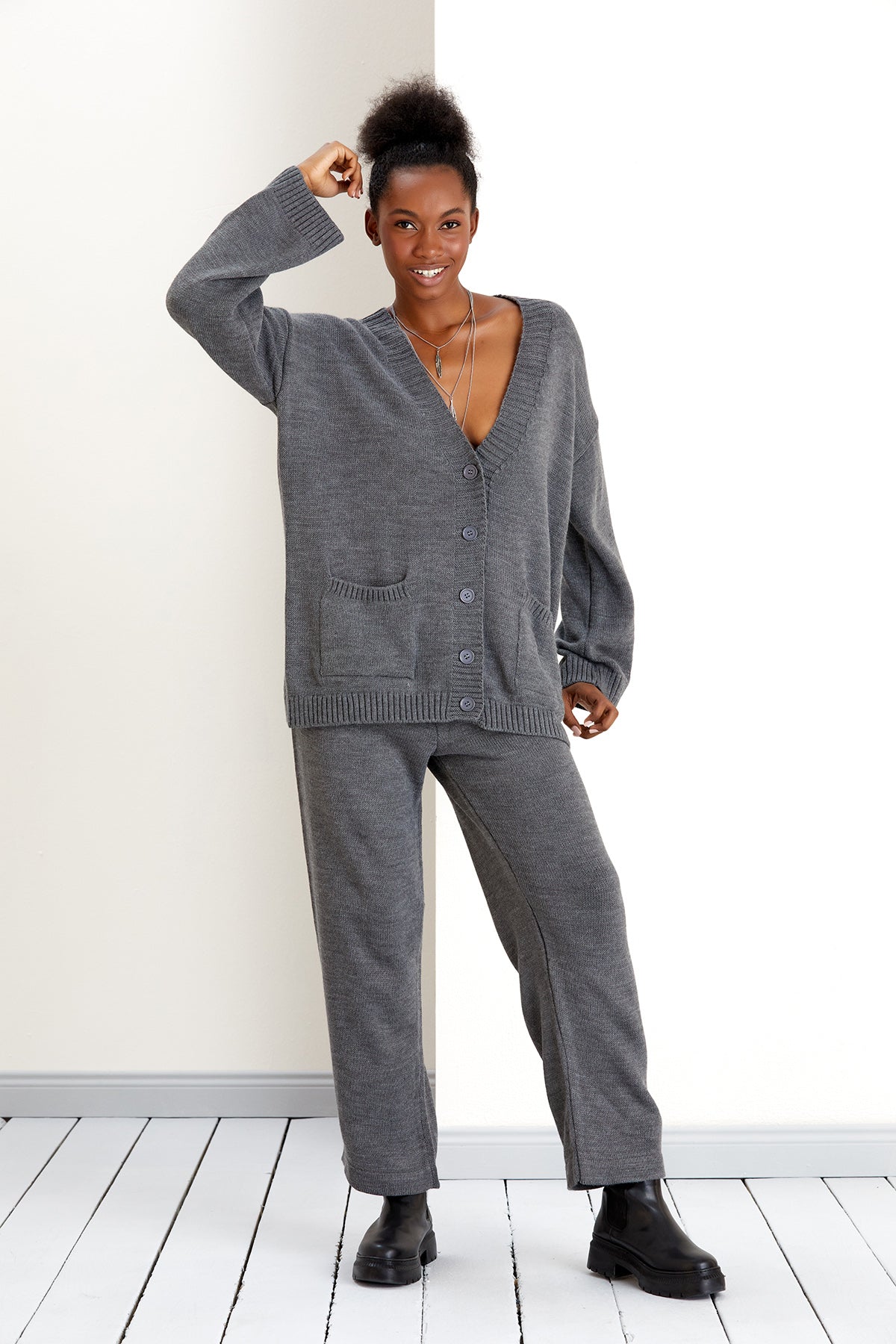 NANZ oversize knitted cardigan and wide trousers co ord set in grey