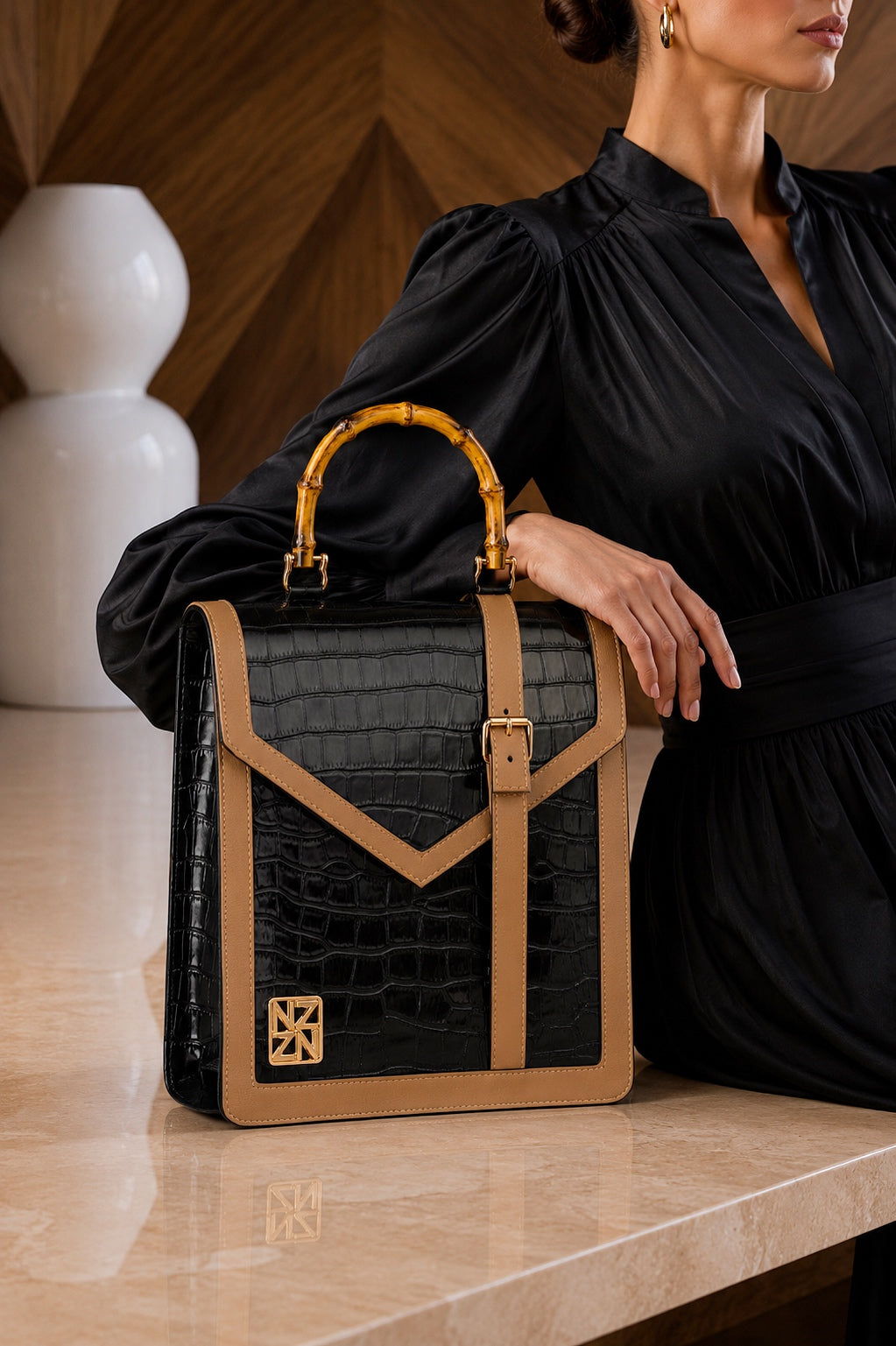 NANZ HERITAGE BAMBOO HANDBAG in Patterned Nude Beige