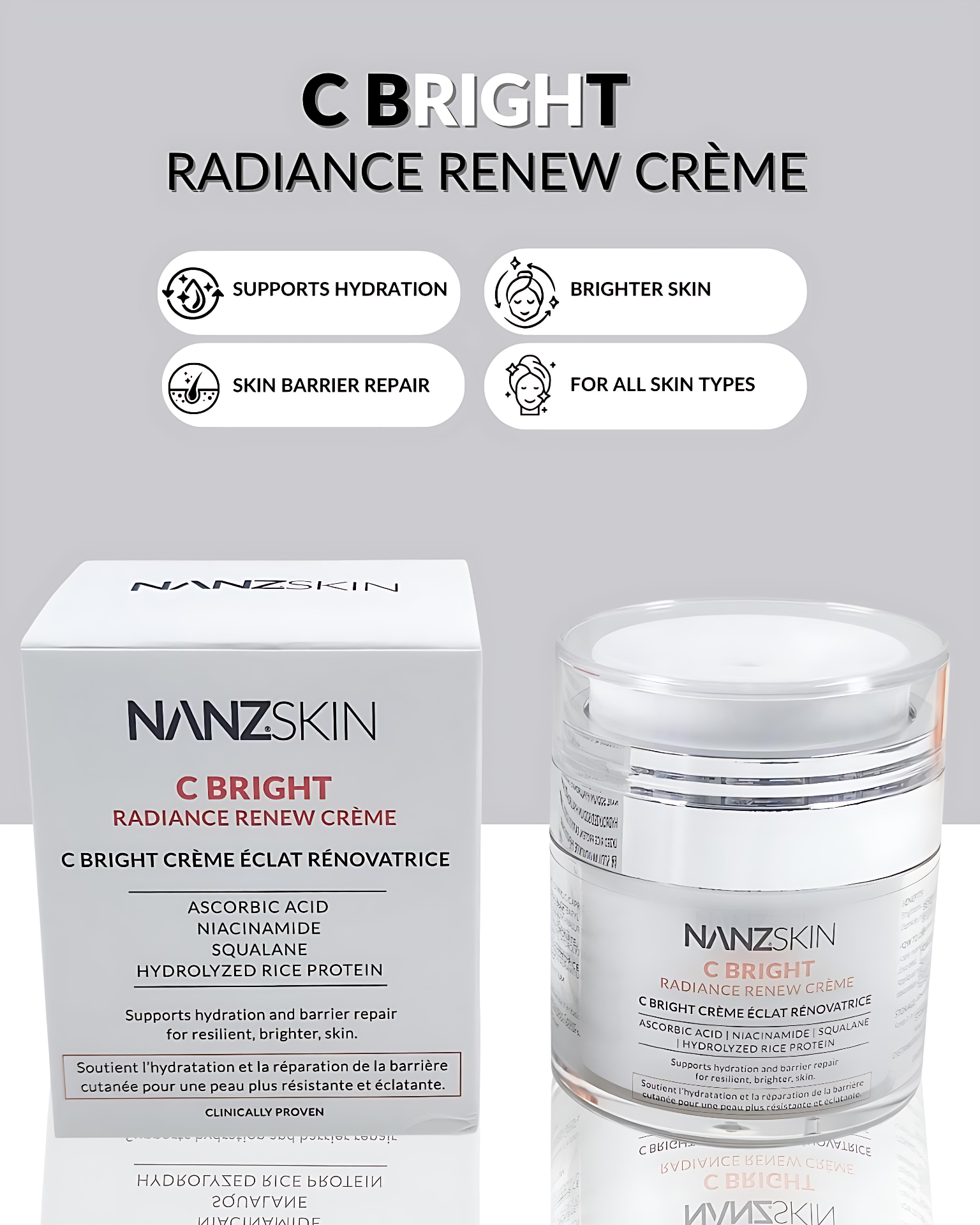 Nanzskin C Bright Radiance Renew Crème packaging with jar and box on a gray background