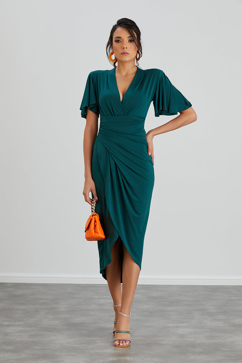 NANZ Elysia Angel Sleeve Wrap Midi Dress I Green