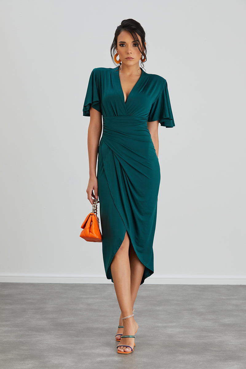 NANZ Elysia Angel Sleeve Wrap Midi Dress I Green