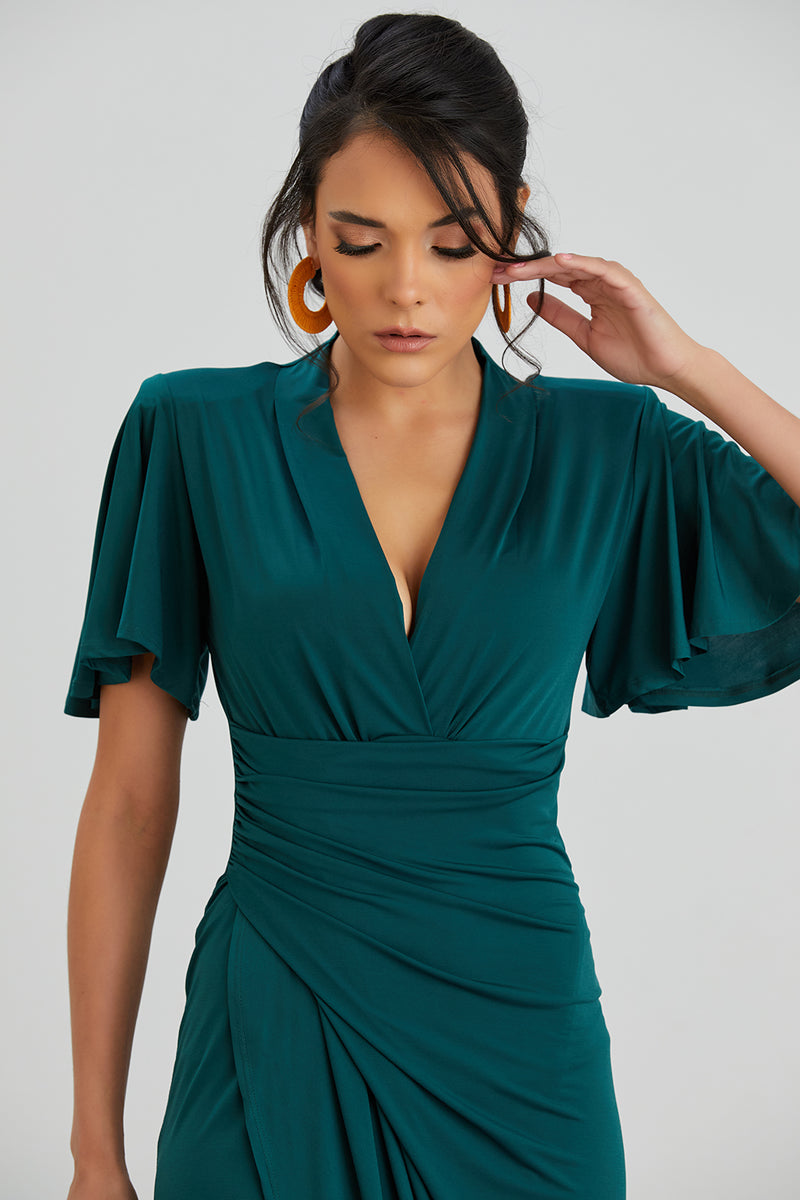 NANZ Elysia Angel Sleeve Wrap Midi Dress I Green