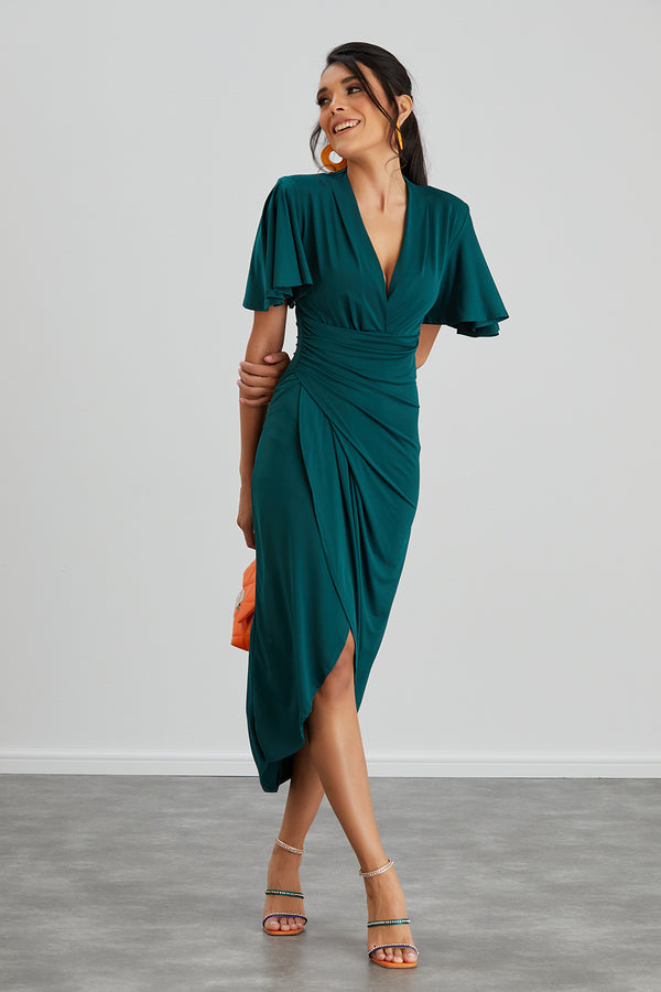 NANZ Elysia Angel Sleeve Wrap Midi Dress I Green