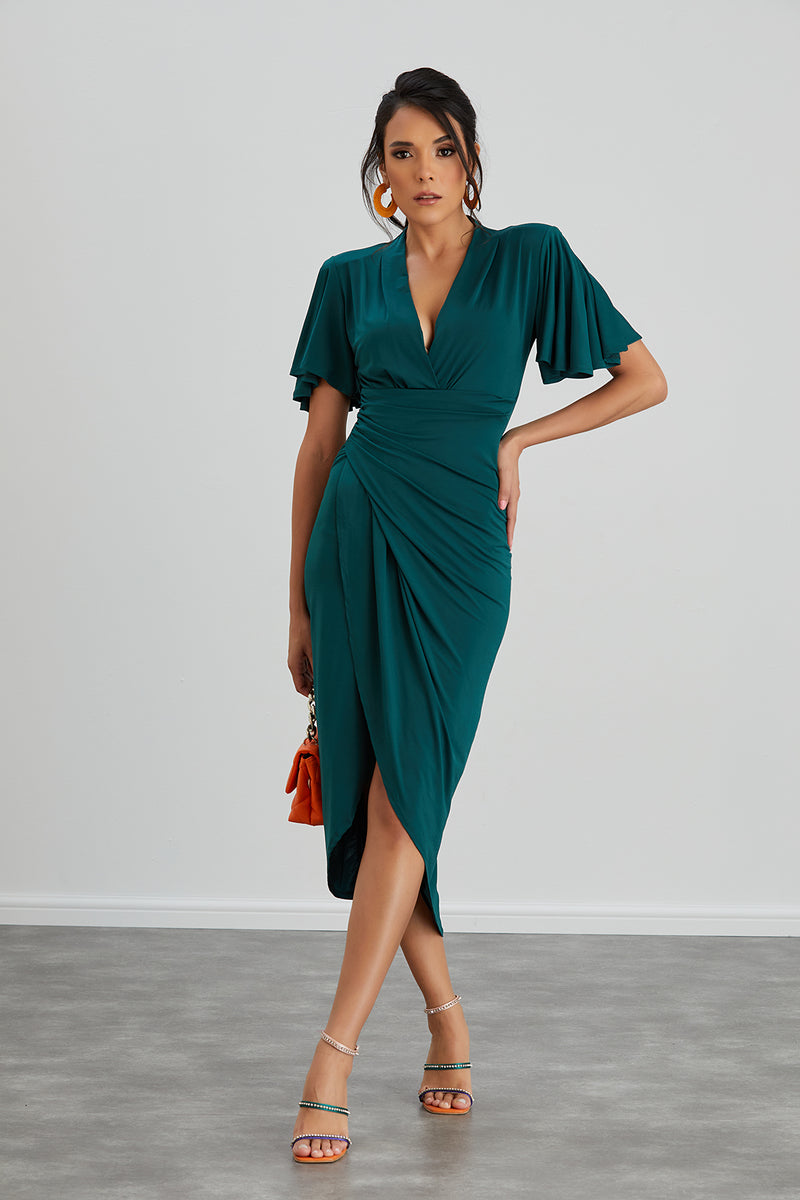 NANZ Elysia Angel Sleeve Wrap Midi Dress I Green