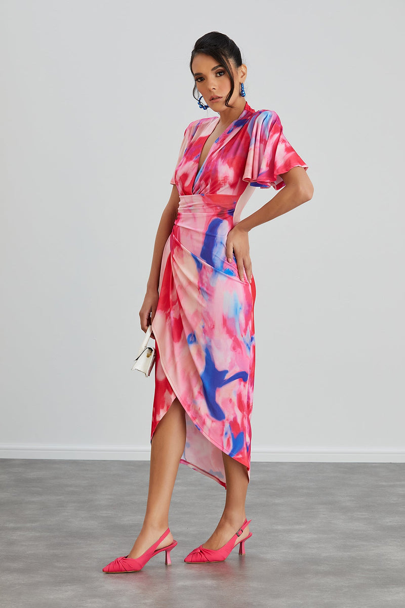 NANZ Ivy luxe midi dress in fuscjia pink