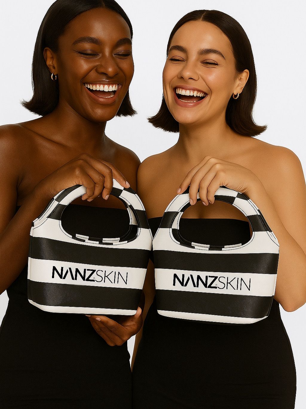 Two women holding black and white striped bags with 'NANZSKIN' branding.
