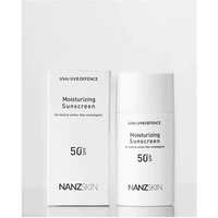 This image displays the NANZSKIN Uva/uvb Defence Moisturizing Sunscreen, presented in a sleek, modern packaging. The product, offered in a 50 ml container, is designed to provide broad-spectrum SPF 50 protection, safeguarding against UVA and UVB rays as well as infrared radiation, blue light, and pollution.