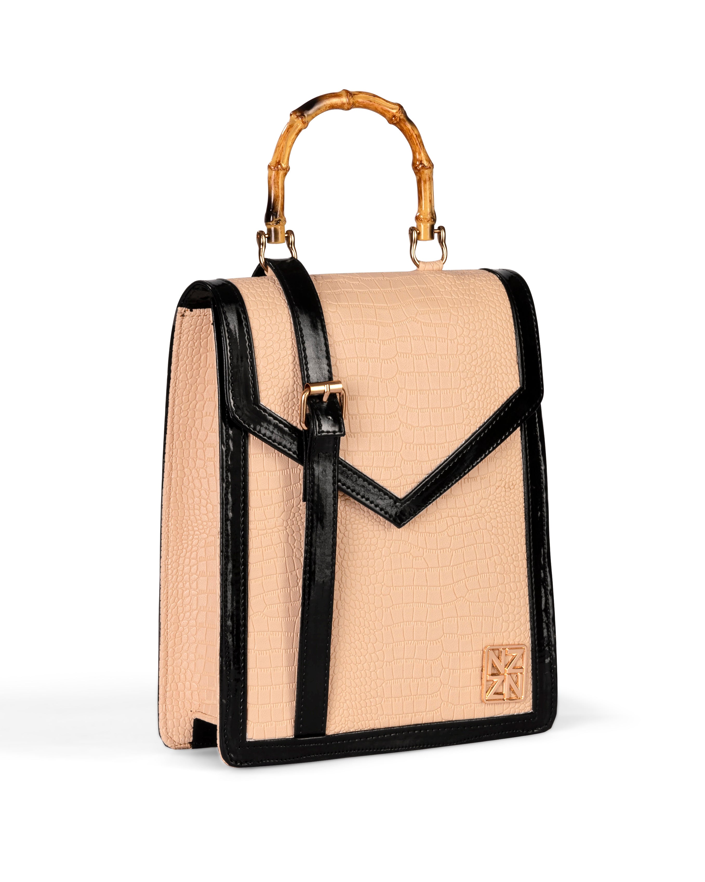 NANZ Noire Bamboo Handbag in Patternd Nude Beige