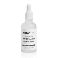 A bottle of NANZSKIN Plump Plump Pro Collagen Booster Serum with a dropper, formulated for skincare.