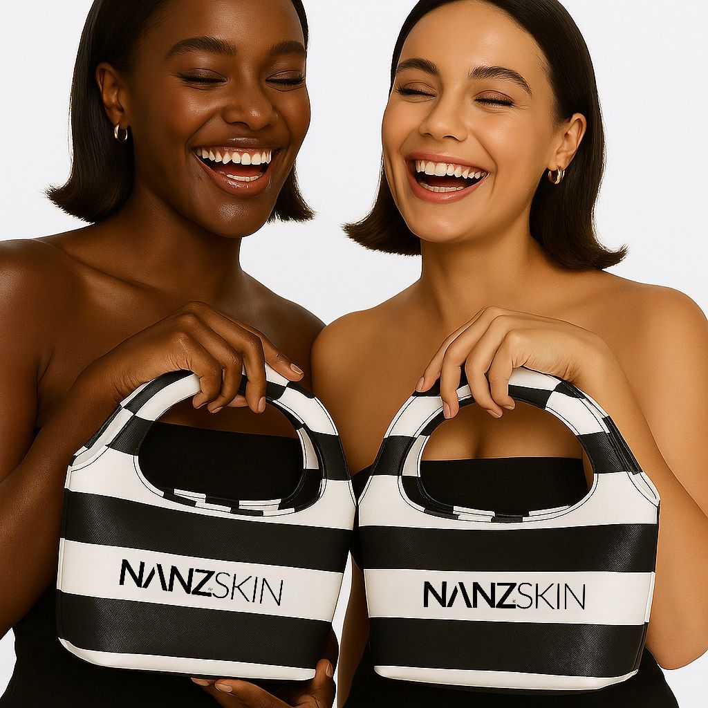 Two women holding black and white striped bags with 'NANZSKIN' branding.