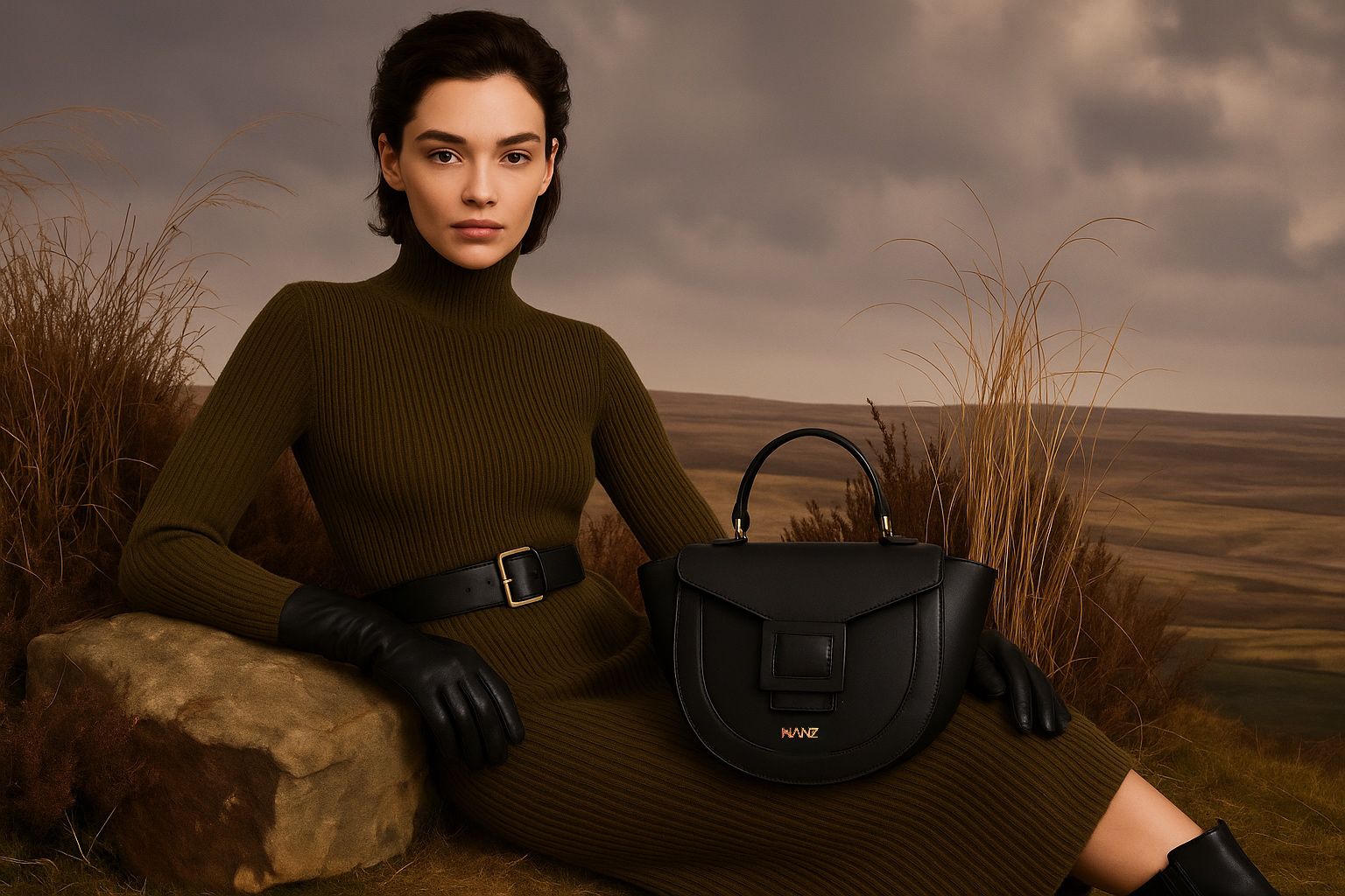 Woman holding a black handbag in a scenic outdoor setting